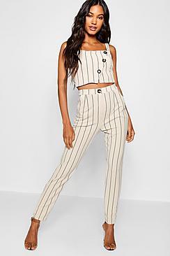 Boohoo Tonal Stripe Mock Horn Button Trouser Co-ord