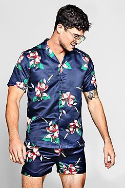 Boohoo Floral Print Revere Short Sleeve Satin Shirt Co-ord