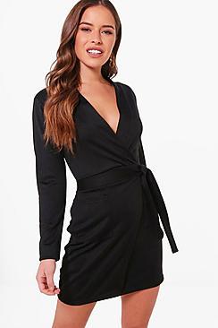 Boohoo Petite Wendy Obi Wrap Front Long Sleeve Dress