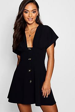 Boohoo Petite Mock Horn Button Plunge Skater Dress