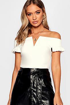 Boohoo Ruffle Plunge Off The Shoulder Scuba Top