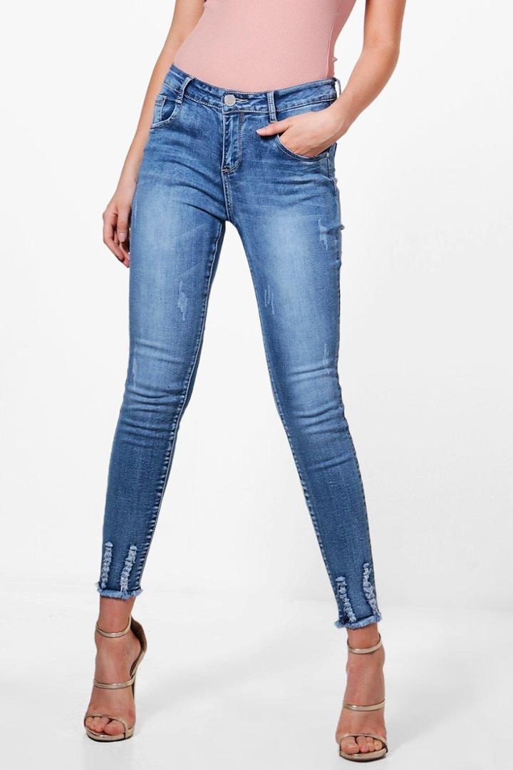 Boohoo Julie High Rise Destroyed Hem Skinny Jeans Blue