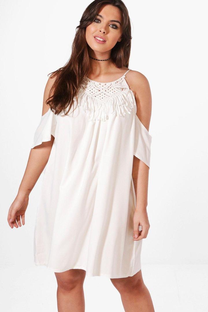 Boohoo Plus Melissa Crochet Trim Swing Dress Ivory