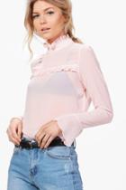 Boohoo Petite Keely Frill Detail High Neck Woven Blouse Blush