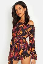 Boohoo Tall Palm Print Off The Shoulder Playsuit