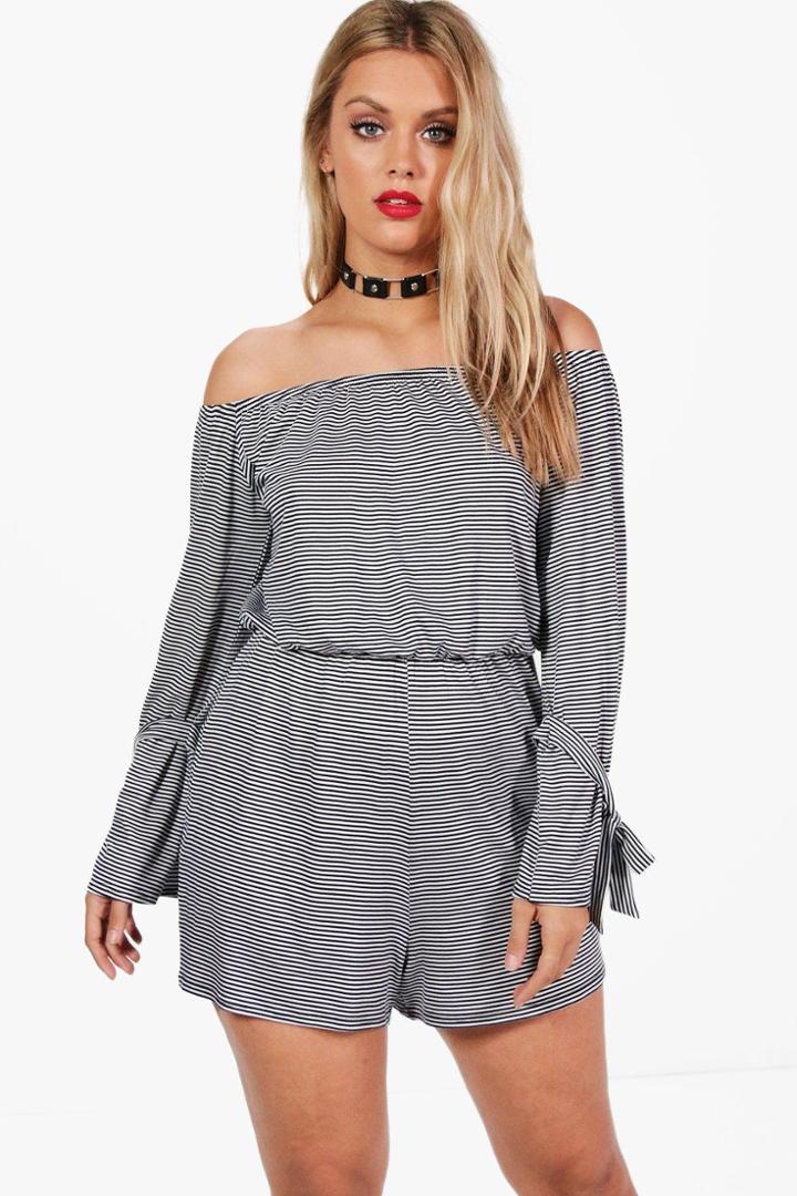 Boohoo Plus Eve Off The Shoulder Stripe Tie Sleeve Playsuit Navy