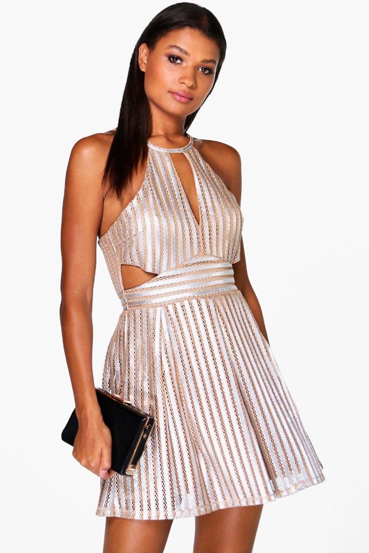 Boohoo Boutique Fasia Cutwork Side Skater Dress Nude