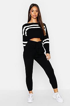 Boohoo Contrast Stripe Slash Neck Crop Knitted Lounge Set