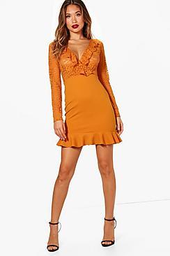Boohoo Harley Lace Long Sleeve Frill Hem Mini Dress