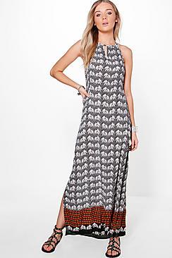 Boohoo Maddy Elephant Print Pom Pom Maxi Dress