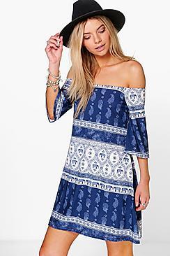 Boohoo Bernarda Off Shoulder Boho Print Swing Dress