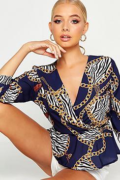 Boohoo Animal Print Chain Print Peplum Blouse