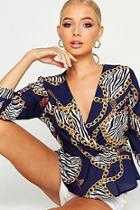 Boohoo Animal Print Chain Print Peplum Blouse