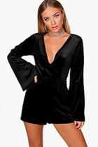 Boohoo Wrap Flared Sleeve Velvet Romper