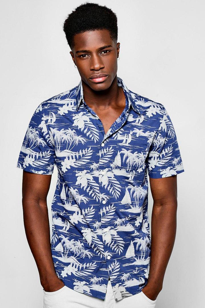 Boohoo Floral Print Short Sleeve Shirt With Raw Edge Blue