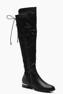 Boohoo Lace Back Flat Knee Boots