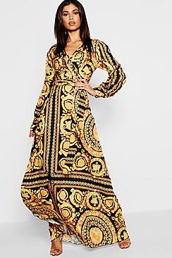 Boohoo Scarf Print Woven Wrap Maxi Dress