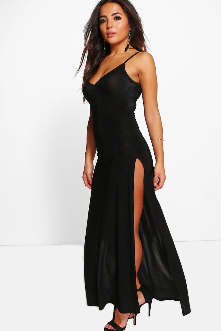Boohoo Petite Martha Strappy Thigh Split Slinky Maxi Dress Black