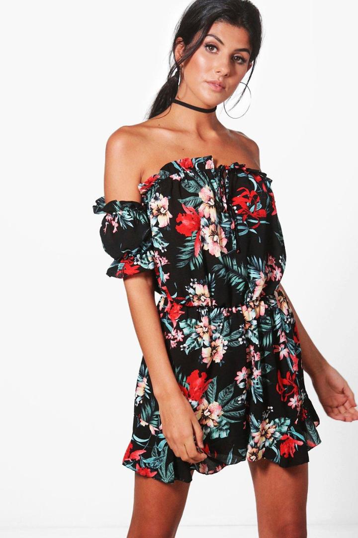 Boohoo Alicia Tropical Print Off Shoulder Playsuit Multi