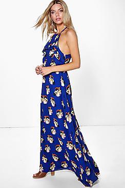 Boohoo Georgette Oriental Print Ruffle Neck Maxi Dress