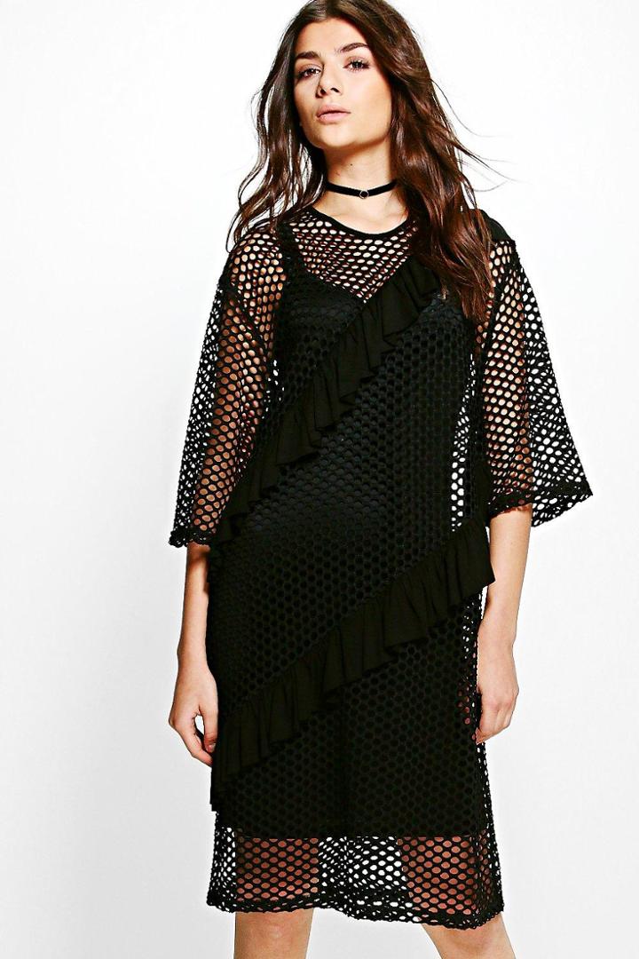 Boohoo Rachel Ruffle Detail Mesh Shift Dress Black