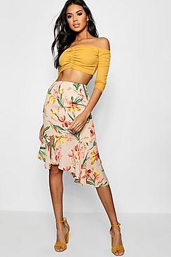 Boohoo Woven Floral Asymetric Ruffle Midi Skirt