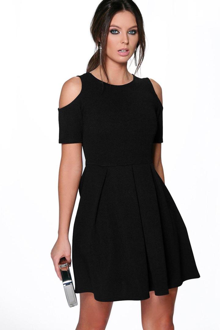 Boohoo Anna Textured Open Shoulder Skater Dress Black