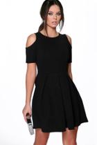 Boohoo Anna Textured Open Shoulder Skater Dress Black