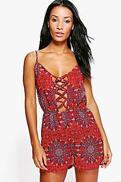 Boohoo Lucy Paisley Lace Up Beach Playsuit