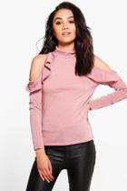 Boohoo Petite May Cold Shoulder Ruffle High Neck Top Rose