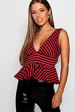 Boohoo Petite Stripe V-neck Peplum Hem Top