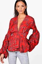 Boohoo Tall Skye Floral Print Ruffle Sleeve Blouse