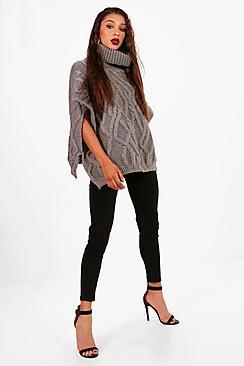 Boohoo Evie Cable Knit Roll Neck Poncho