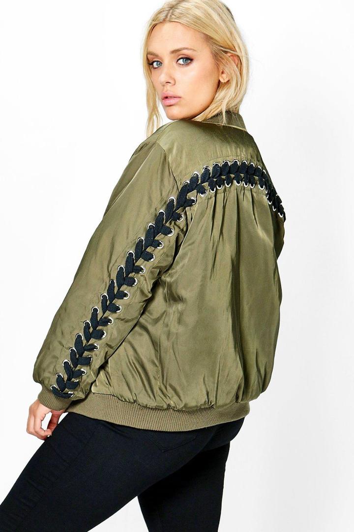 Boohoo Jordyn Eyelet And Lace Up Bomber Jacket Khaki