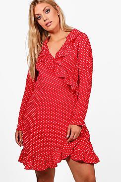 Boohoo Plus Harriet Frill Wrap Spot Printed Dress