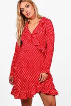 Boohoo Plus Harriet Frill Wrap Spot Printed Dress