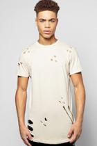 Boohoo Skater Fit Destroyed T Shirt With Double Zip Sand