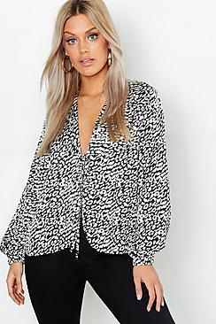 Boohoo Plus Satin Leopard Tie Front Blouse