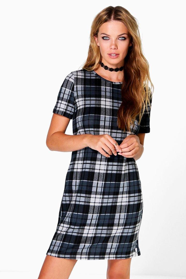 Boohoo Helena Check Brushed Knit Shift Dress Smoke