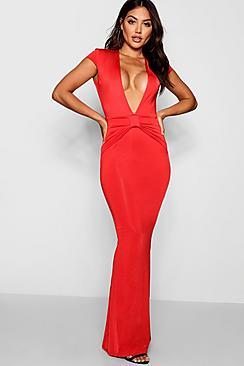 Boohoo Plunge Neck Bow Detail Maxi Dress
