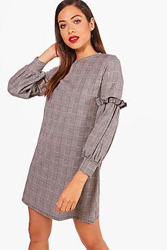 Boohoo Sara Prince Of Wales Check Ruffle Shift Dress