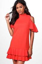 Boohoo Leah Cold Shoulder Frill Hem Shift Dress