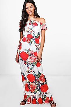 Boohoo Ali Cold Shoulder Ruffle Maxi Dress