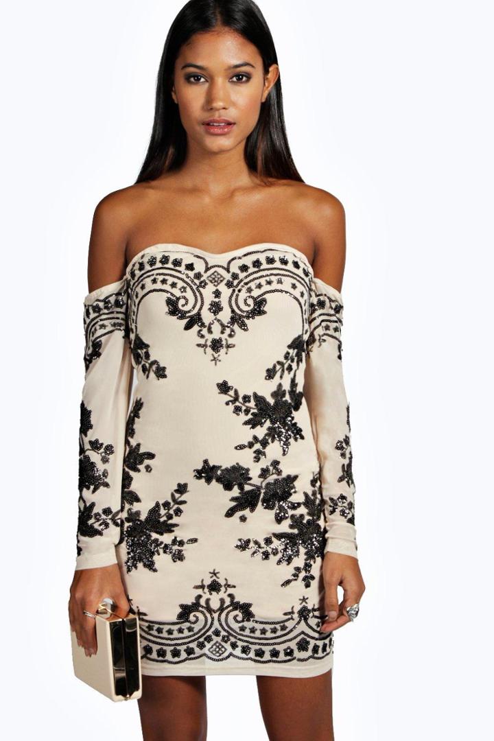 Boohoo Boutique Eva Embellished Off Shoulder Dress Black