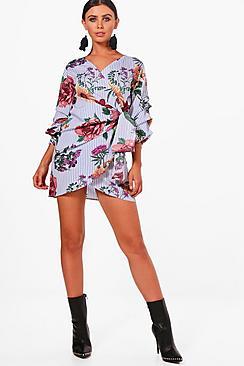 Boohoo Petite Milly Stripe And Floral Wrap Dress