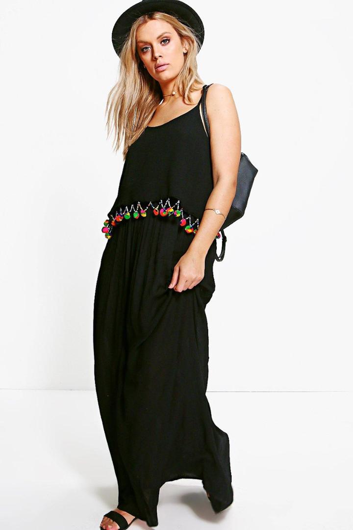 Boohoo Plus Tara Pom Pom Trim Maxi Dress Black
