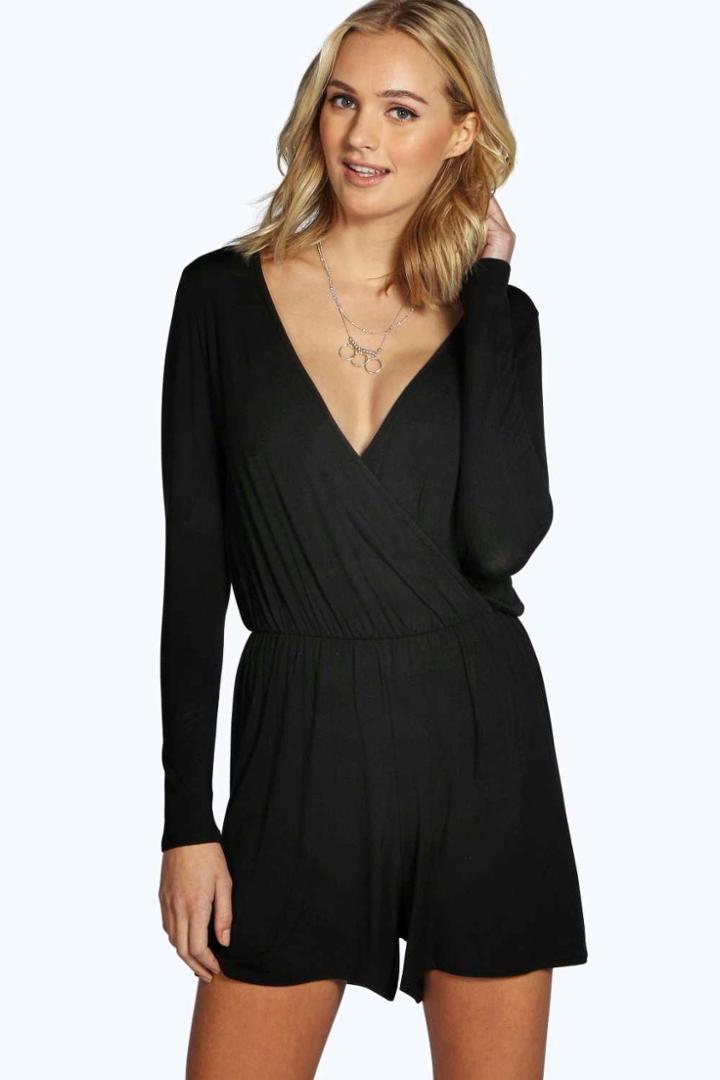Boohoo Tall Aveline Wrap Front Long Sleeve Playsuit Black