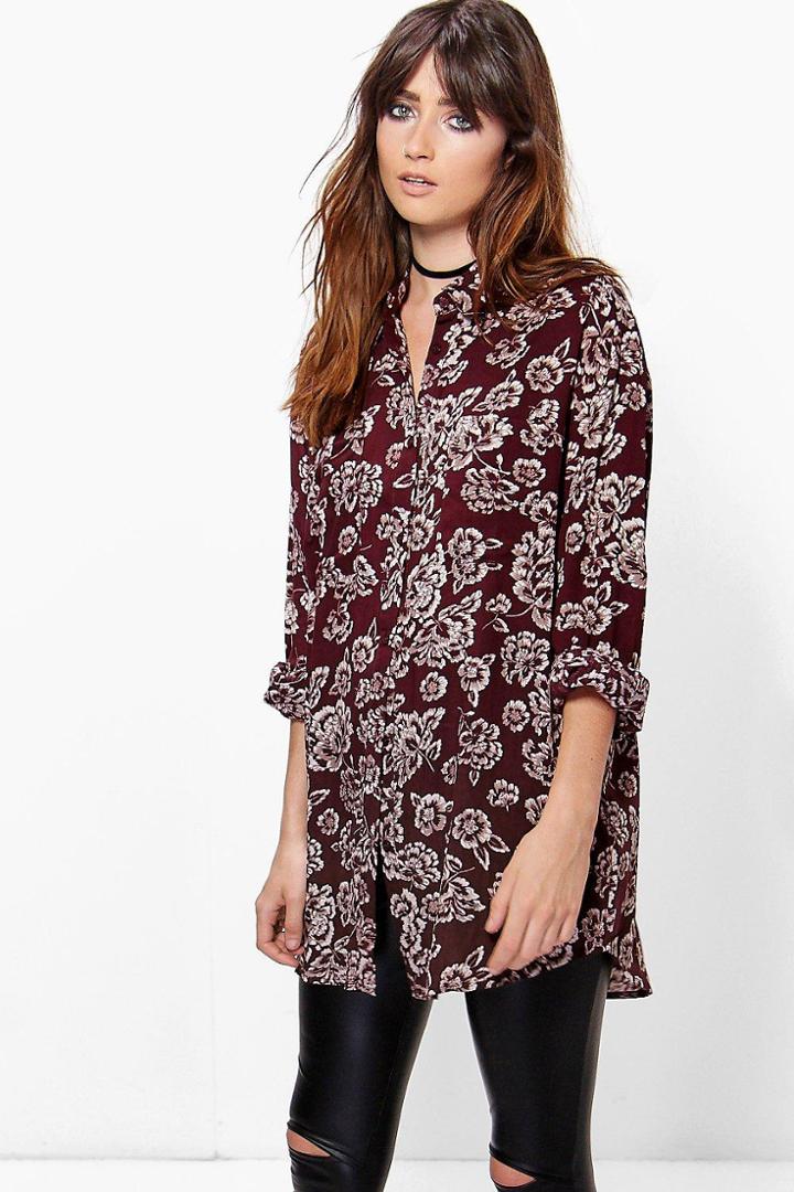 Boohoo Lilly Floral Print Oversized Shirt Berry