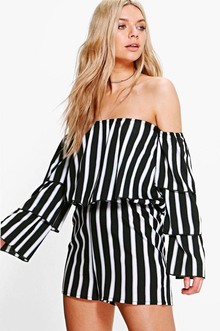 Boohoo Louise Frill Off The Shoulder Playsuit Black