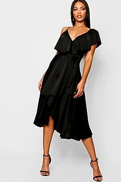 Boohoo Satin Wrap Detail Skater Dress